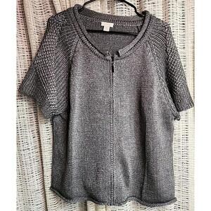 Chico’s Womens Full Zip Short Sleeve Gray Metallic Knit Sweater 3/XL Dressy Goth